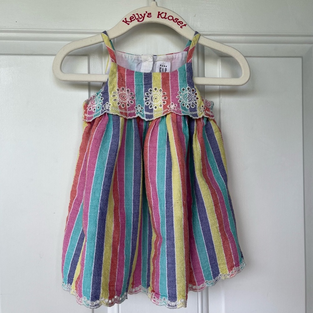 •Baby Gap• Rainbow Striped Scalloped Eyelet Sundress - Size 6-12 Months